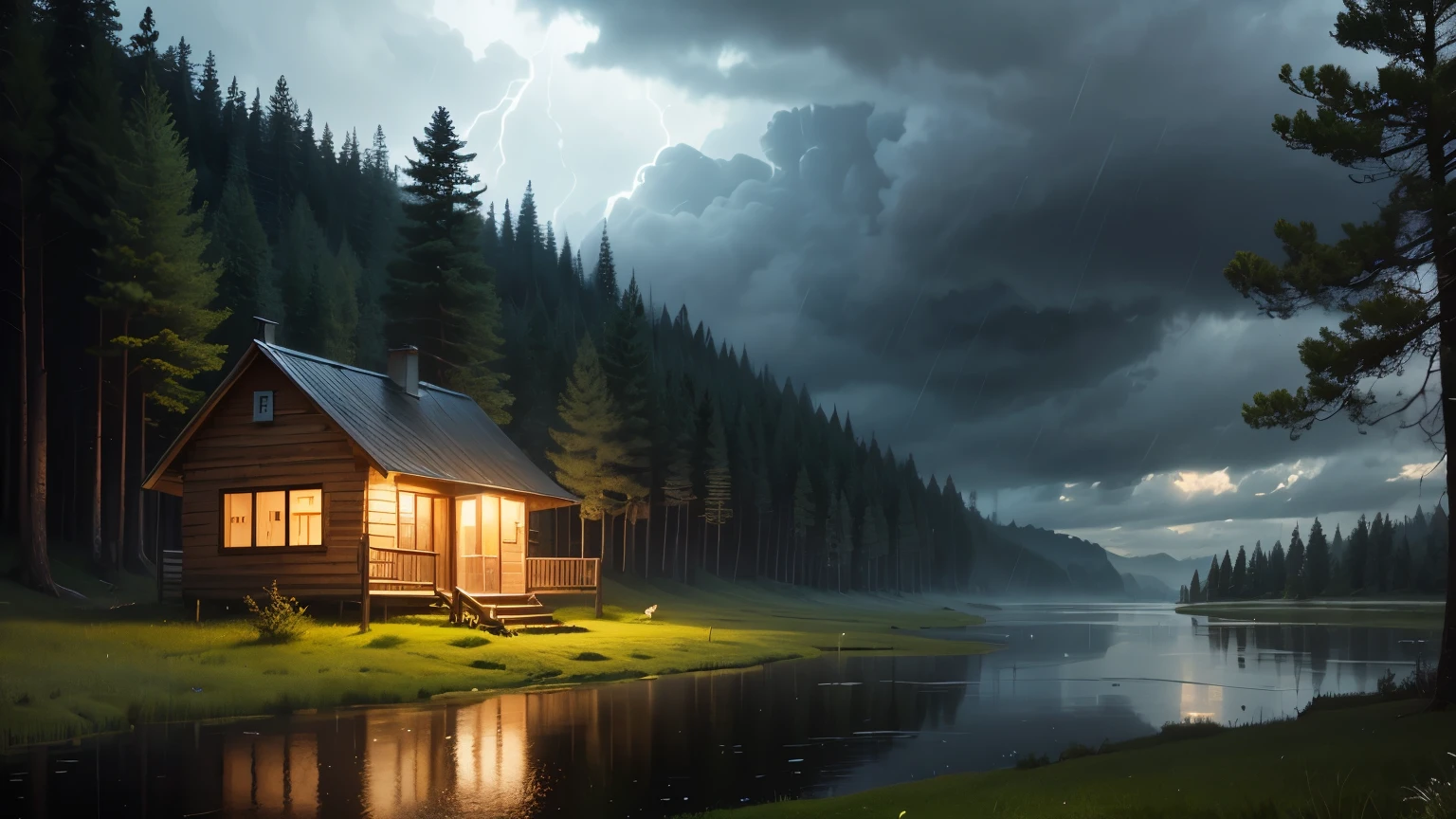 storm in the forest, with a small lake, in front of a cabin with illuminated windows, vegetation wet from the rain, cloudy sky