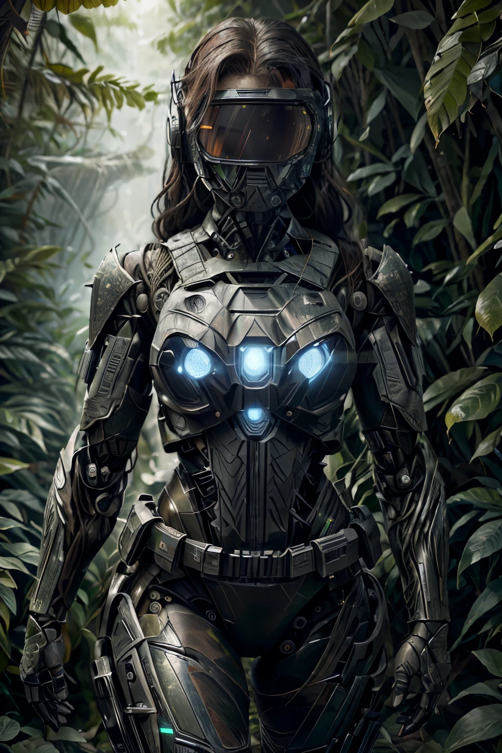 (In the jungle: 1.32), rain poured down in torrents, Ultra-detailed image, beautiful lighting casting eerie shadows, high quality render, 8k resolution,
(Predator: 1.1), MIT technology, advanced weaponry: 1.23, (black robot-suit: 1.3), sleek and menacing,
1 girl, fierce and determination etched on her face, (cowgirl position: 1.2), ready for action,
(bulletproof vest: 1.22), fitted to her body, (tactical military visor: 1.21), night vision enhancing her perception,
(