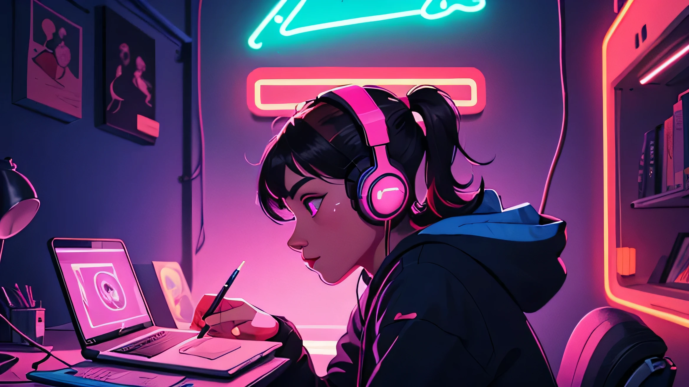 perfil of girl studying in the room wearing headphones, the girl is on the left side of the image, Retro, Full Color, Multicolor, Artistic, Superior Detail, Super Quality, Fine Details, Highlights, Neon Lights, 8k, Masterpiece, Neon Lights,