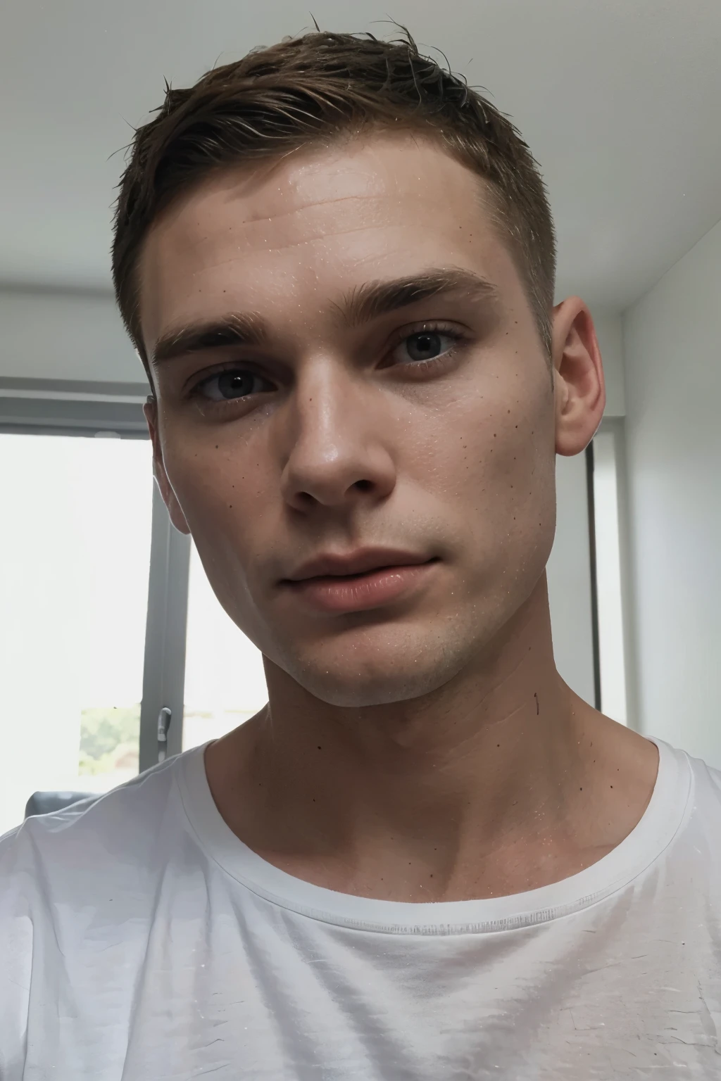 handsome 26 year old male, cillian murphy (dark blonde short buzzcut haircut, visible jawline) selfie from hand in bedroom, wearing white t-shirt