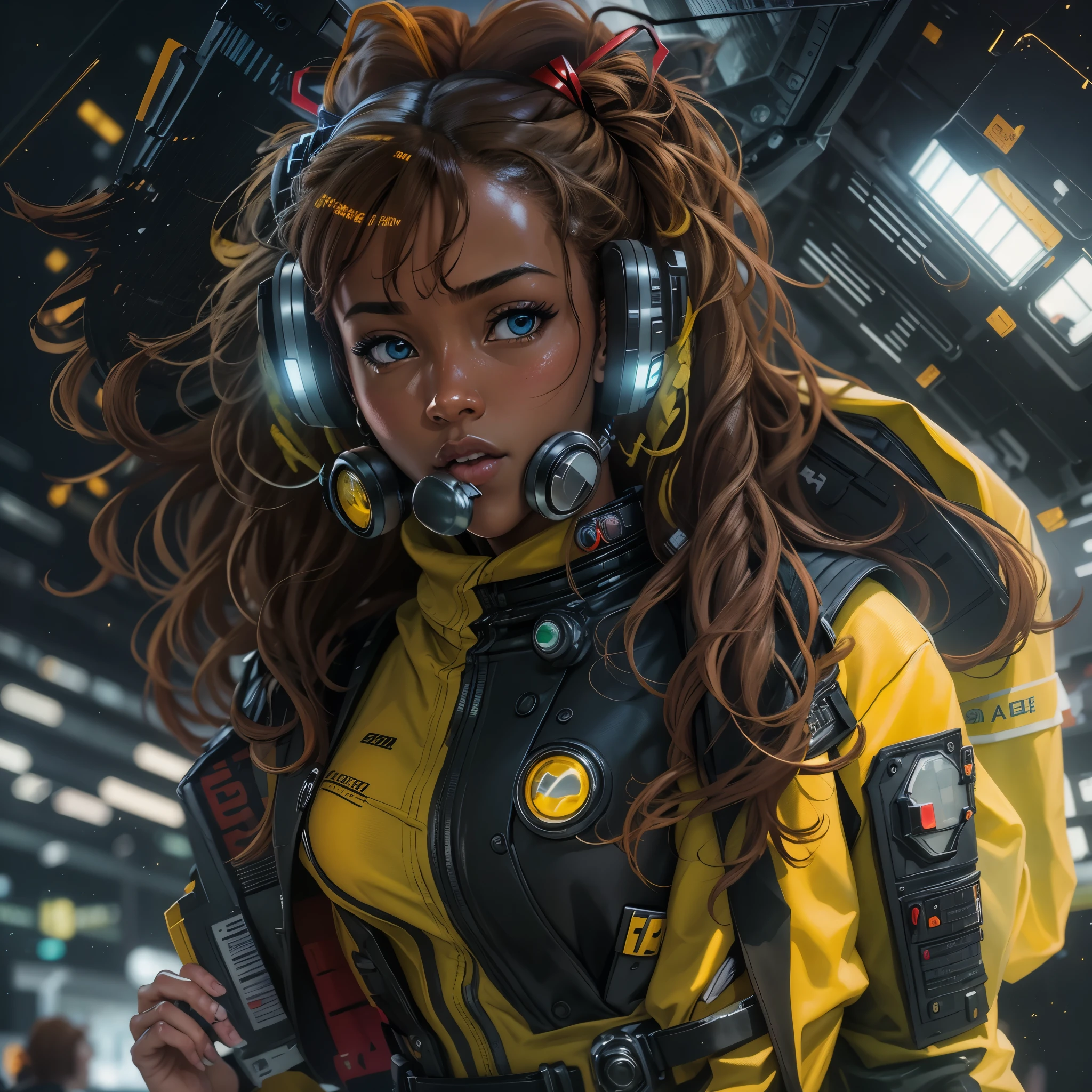 RAW, Masterpiece, Super Fine Photo, Ultra High Resolution, Photorealistic, Sunlight, Full Body Portrait, Stunningly Beautiful, Dynamic Poses, Delicate Face, Vibrant Eyes, solo, deep ebony 1girl, black girl, beautiful face, curly afro hair, black lips, a female character is wearing a yellow and black colored outfit with a backpack and a yellow hoodie jacket, black, yellow and white sports leisure, yellow futuristic smart goggles, clear lens, green eyes, long hair, diamond earrings, cybernetically enhanced, medium breasts, she is standing in front of spaceships and satellites, starry night sky, pigeoncore, neo-dadaist, Asuka Langley, neon genesis EVA suit, mechanized precision, space crew member, she holds an important position, in crowd spectator at a tech conference in the style of mecha sci-fi anime, 8k, best quality, highres, Unreal Engine:1.4,Ultra-realistic 64K CG, Photorealista:1.4, Skin Texture:1.4, Volumetric fog, 8k uhd, dslr, high quality, film grain, fair skin, photorealism, lomography, sprawling metropolis in a futuristic dystopia, view from below, translucent