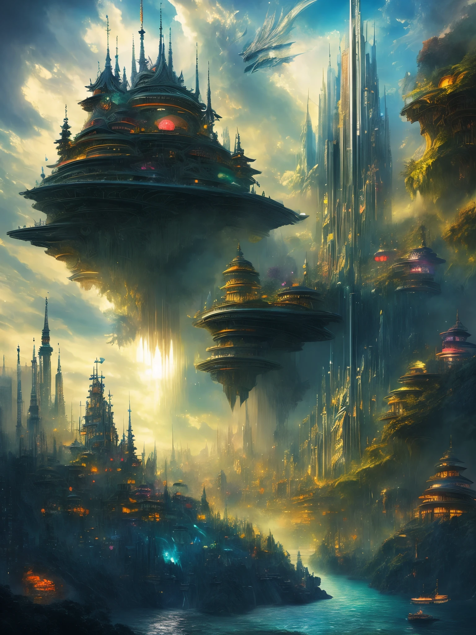 high quality, highly detailed, Picture an imaginative illustration inspired by the fusion of Gustav Doré, Yuko Higuchi, and Syd Mead, theme revolve around a fantastical cityscape where mythical creatures coexist with futuristic elements, creating a harmonious blend of the past, present, and future, The color palette  be a dynamic fusion of Doré's classical monochromes, Higuchi's playful and vibrant hues, and Mead's sleek and futuristic tones, This collaborative masterpiece would be a visual journey through a world where the boundaries of time and genre seamlessly dissolve, inviting viewers to explore the richness of a cross-temporal and fantastical narrative, by yukisakura, high detailed,