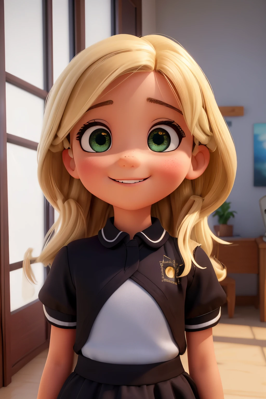 Melhor qualidade, obra-prima, ultra alta res, (fotorrealista: 1.4), foto crua, 1 menina sorrindo (angelic expression), cabelo preto, bem preto e longo, olhos castanhos, olhos e rosto redondos detalhados.