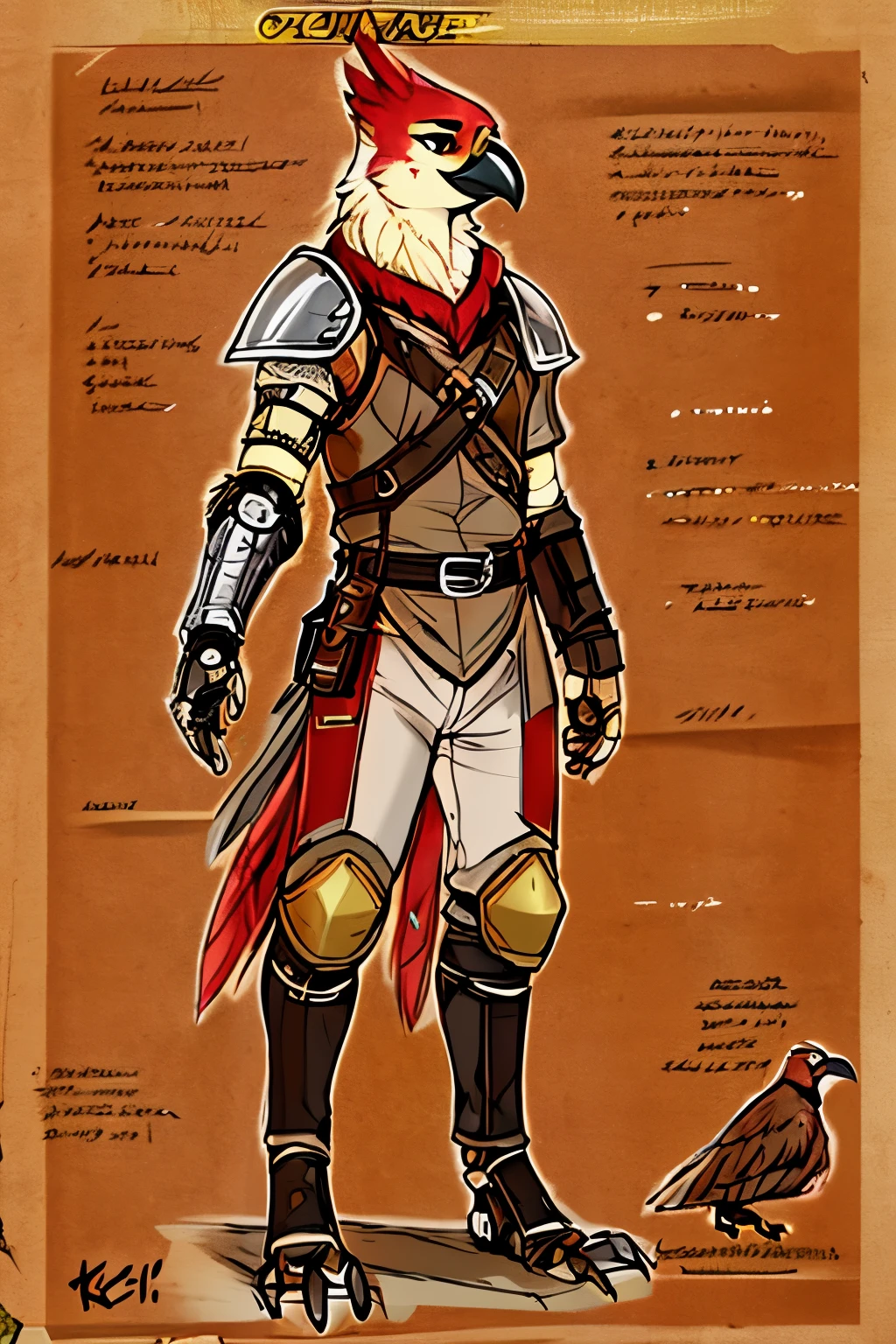 (Master piece, high res), by fluff-Kevlar, anthro male avian, adventurer, simple clothing, colored sketch, flat color, simple background, prosthetic arm, neat coloring, leather armor