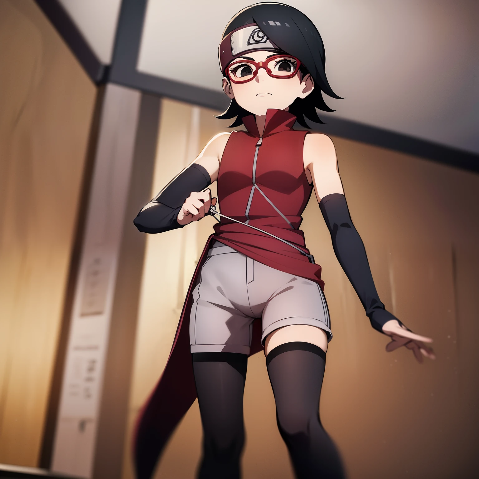 1girl,from below, standing, sarada uchiha, glasses,black thighighs,arm warmers, forehead potector, shorts, short hair, small breast, black eyes, small hips, small ass, anime screencap