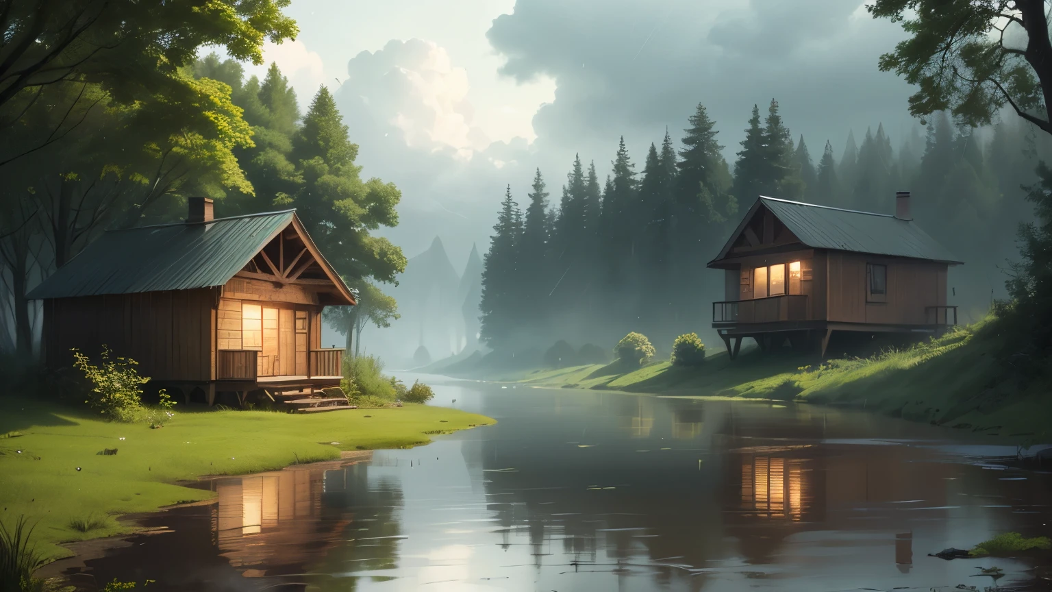 storm in the forest, a cabin with lit windows, a small lake in front of the cabin, and vegetation wet from the rain, the leaves of the trees swaying from the rain, cloudy sky