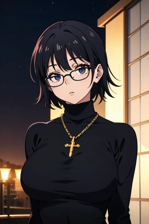 Shizuku Murasaki, 1girl, cute, black hair, short hair, glasses, expressionless, huge breast, ((tight black long sleeve turtleneck:1.5)), (arms behind back, upper body, looking at view), (masterpiece, high resolution, best quality, anime colored, anime screencap, 8k, photorealistic), denim, inverted cross chain necklace, (perfect detailed anatomy, beautiful detailed eyes&hair, beautiful detailed body&clothes), night outdoors