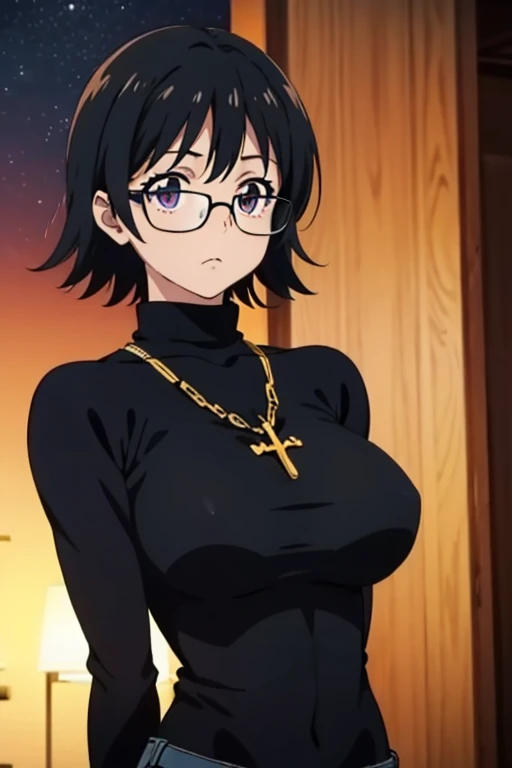 Shizuku Murasaki, 1girl, cute, black hair, short hair, glasses, expressionless, huge breast, ((tight black long sleeve turtleneck:1.5)), (arms behind back, upper body, looking at view), (masterpiece, high resolution, best quality, anime colored, anime screencap, 8k, photorealistic), denim, inverted cross chain necklace, (perfect detailed anatomy, beautiful detailed eyes&hair, beautiful detailed body&clothes), night outdoors