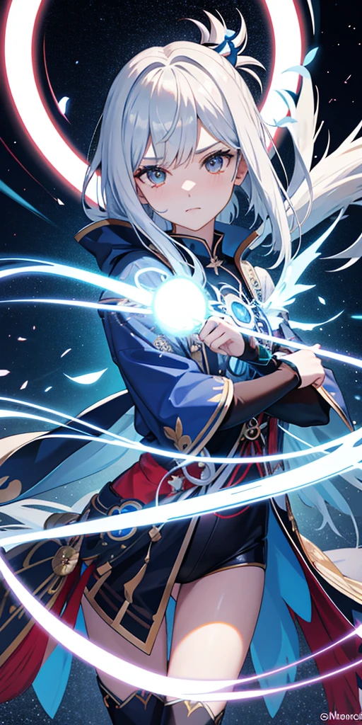 1 chica, ropa japonesa, cola de caballo ,pelo blanco, ojos morados, magic circle, fuego azul, llamas azules, fondo de pantalla, paisaje, Sangre, Sangre splatter, profundidad de campo, noche, light particles, rayos de luz, side lighting, Muslos, Destino \(serie\), impacto genshin, ****, chaqueta abierta, falda, muslos, Nube