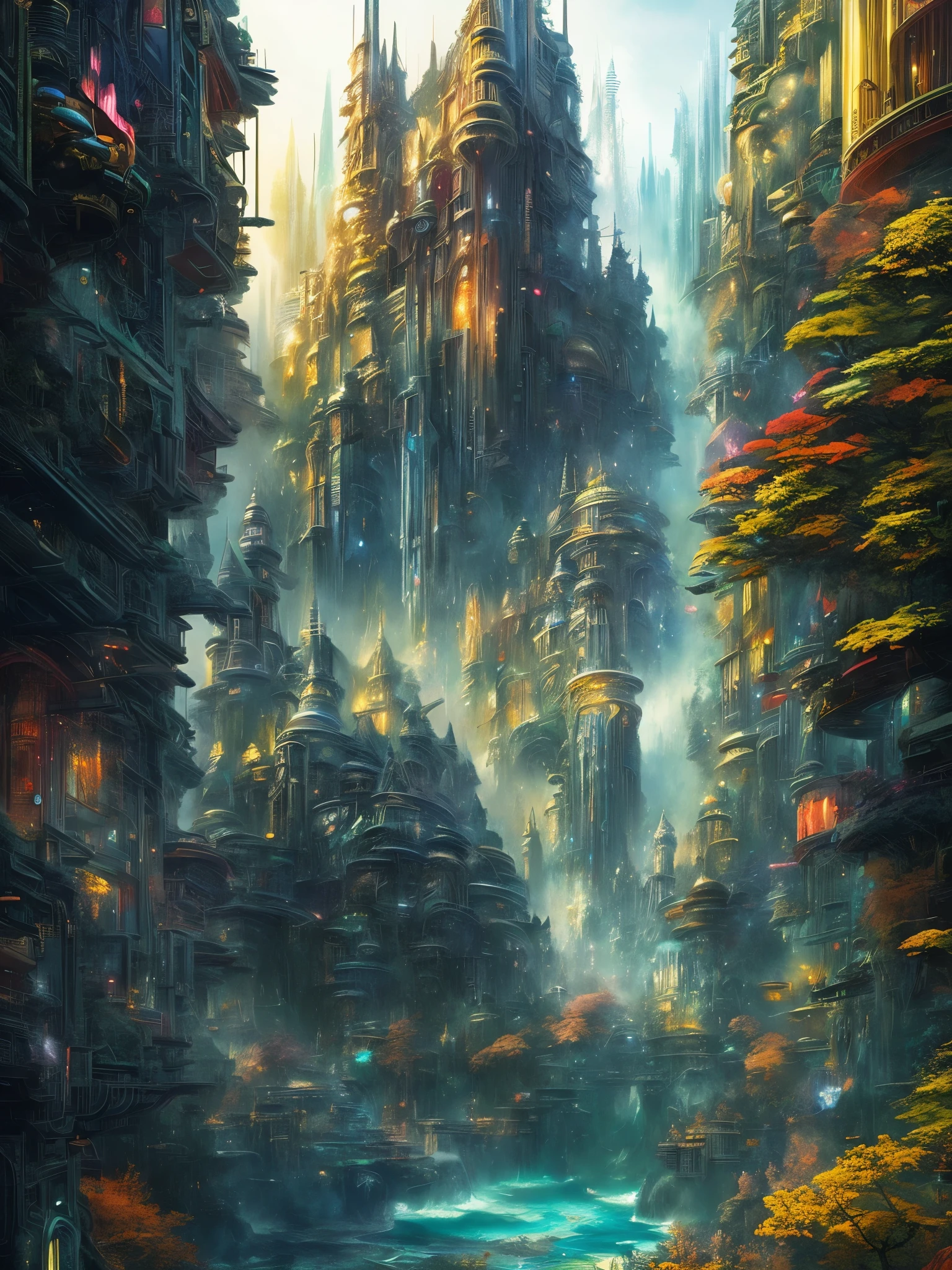 high quality, highly detailed, Picture an imaginative illustration inspired by the fusion of Gustav Doré, Yuko Higuchi, and Syd Mead, theme revolve around a fantastical cityscape where mythical creatures coexist with futuristic elements, creating a harmonious blend of the past, present, and future, The color palette  be a dynamic fusion of Doré's classical monochromes, Higuchi's playful and vibrant hues, and Mead's sleek and futuristic tones, This collaborative masterpiece would be a visual journey through a world where the boundaries of time and genre seamlessly dissolve, inviting viewers to explore the richness of a cross-temporal and fantastical narrative, by yukisakura, high detailed,