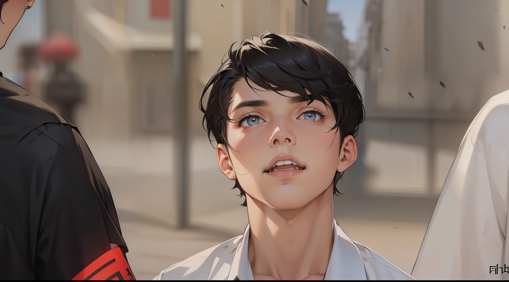 Un joven con cabello negro, Corte en un estilo corto y ordenado, Cara hermosa, penetrantes ojos marrones y una inteligencia astuta, his skin is slightly pale;.
