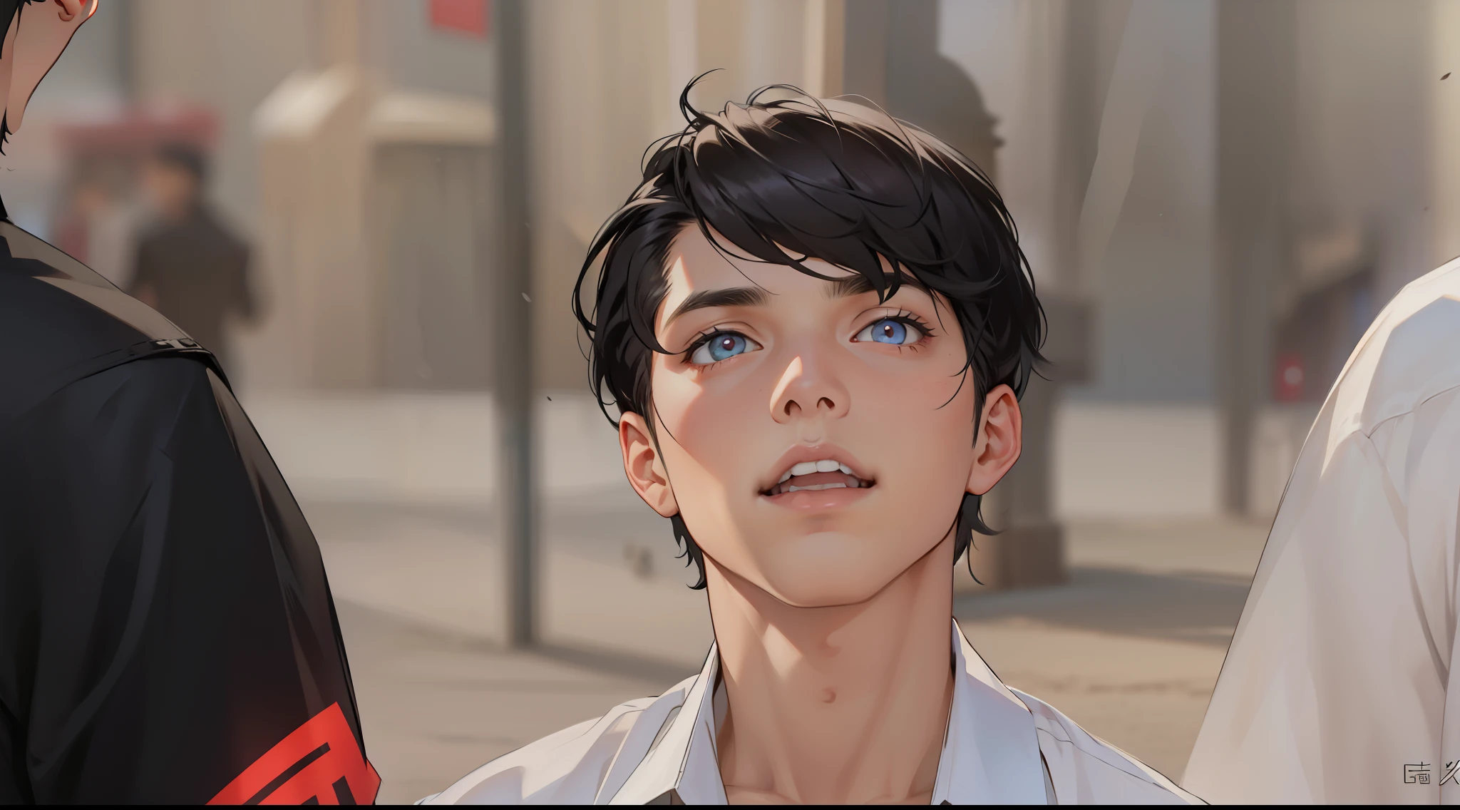 Un joven con cabello negro, Corte en un estilo corto y ordenado, Cara hermosa, penetrantes ojos marrones y una inteligencia astuta, his skin is slightly pale;.
