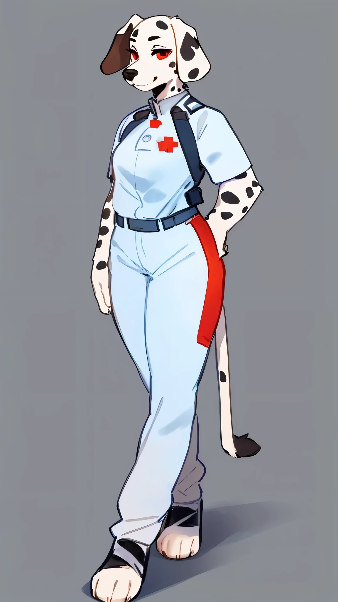 by bebebebebe, by lostgoose, by goonie-san, solo, female, (dalmation), snout, smirking, sassy, detailed eyes, standing, floppy ears, red eyes, tight medic outfit, pants
