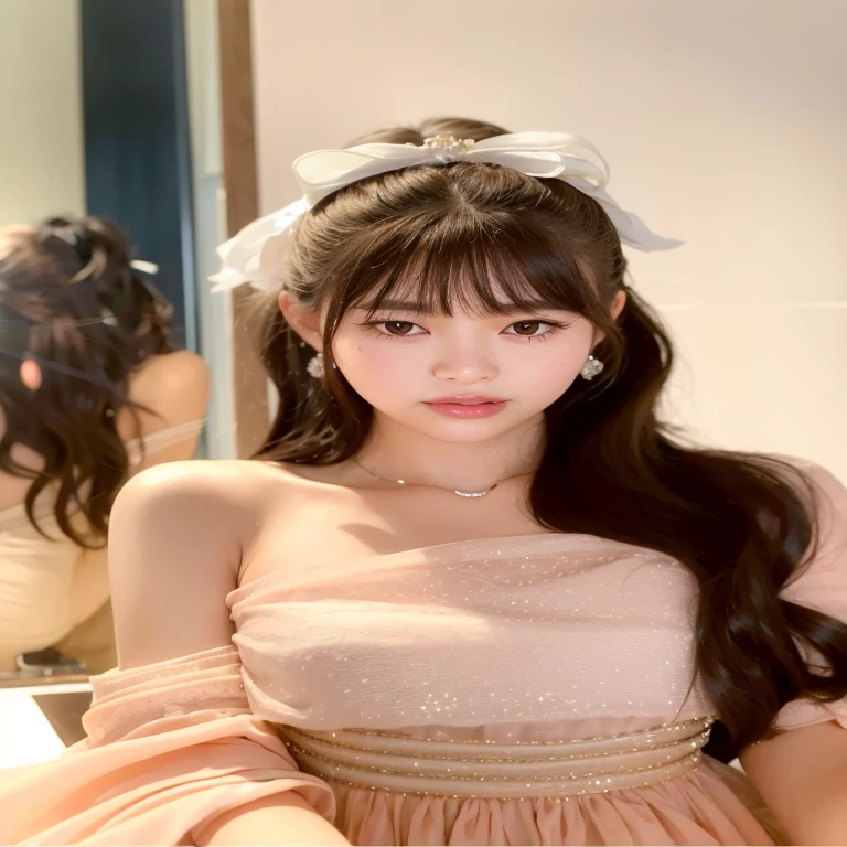 A closeup of a woman in a dress with a bow on her head, Lalisa Manobal, Portrait of female Korean idol, Lalisa Manoban do Blackpink, Ulzzang, Jinyoung Shin, linda jovem coreana, jaeyeon nam, Retrato de Jossi do Blackpink, bae suzy, linda mulher sul-coreana, linda jovem coreana