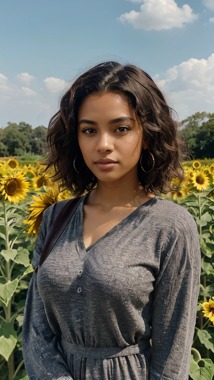 25 year old, Beautiful, black woman, beautiful brown eyes, smooth skin with very slight imperfections, beautiful lips with dyed curly grey hair, full body, outside in a beautiful sunflower field