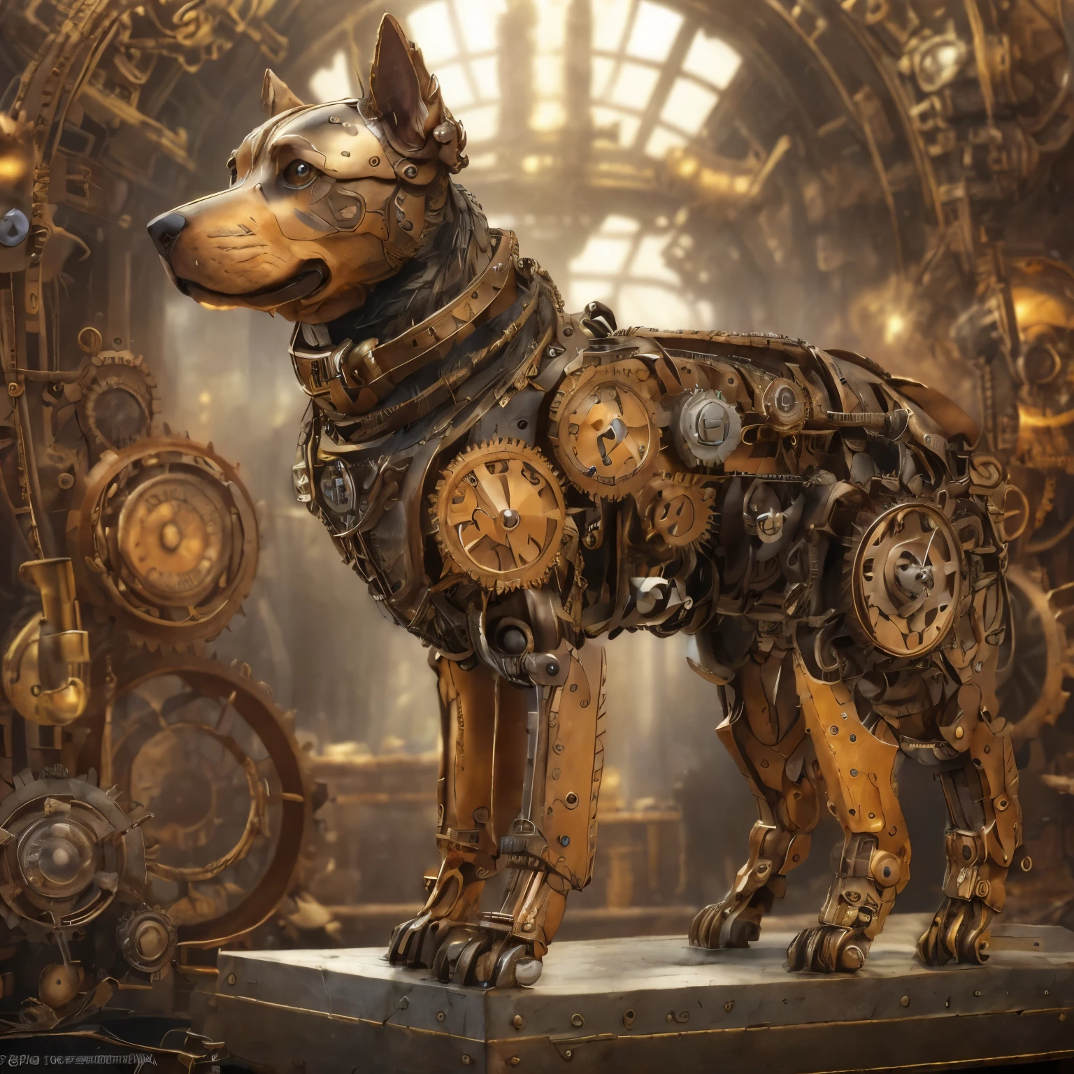 there is an intricate sculpture of a dog made out of gears, steampunk dog, steampunk art, digital steampunk art, golden steampunk, steampunk digital art, high quality steampunk art, steampunk concept art, steampunk tech, steampunk aesthetic, industrial mechanical robot dogs, cyber steampunk 8 k 3 d, steampunk ferret - shaped mech, detailed steampunk illustration, cyborg dog, steampunk design