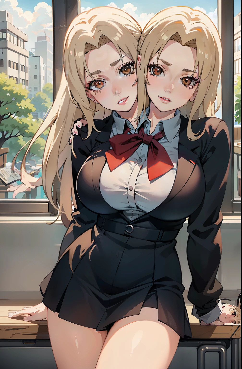 Masterpiece, Best quality, A high resolution, 1 girl, Side lighting, Masterpiece, Best quality, A high resolution, Tsunade, (two_heads:1.3),（ White school uniform,A half body，On the classroom desk，Beautiful brown eyes, Gorgeous lips,mediuml breasts,Be red in the face，Idiotic laughter）