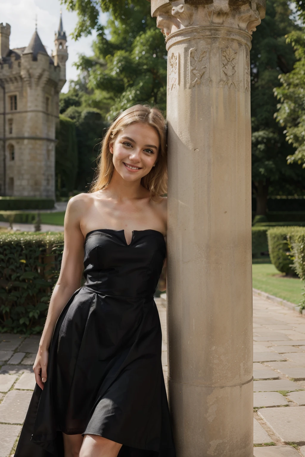 raeli blonde girl, wearing a black strapless dress, well dressed!, leaning on a pillar, castle garden, smiling