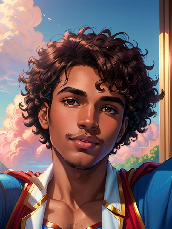 masterpiece, best quality, high quality, extremely detailed cg unity 8k wallpaper, an extremely colorful and purely fantasy in the sky with clouds, brown skin young male with very big black curly hair, big nose, pinkish lips, brown skin superman, taking a selfie while in the blue sky