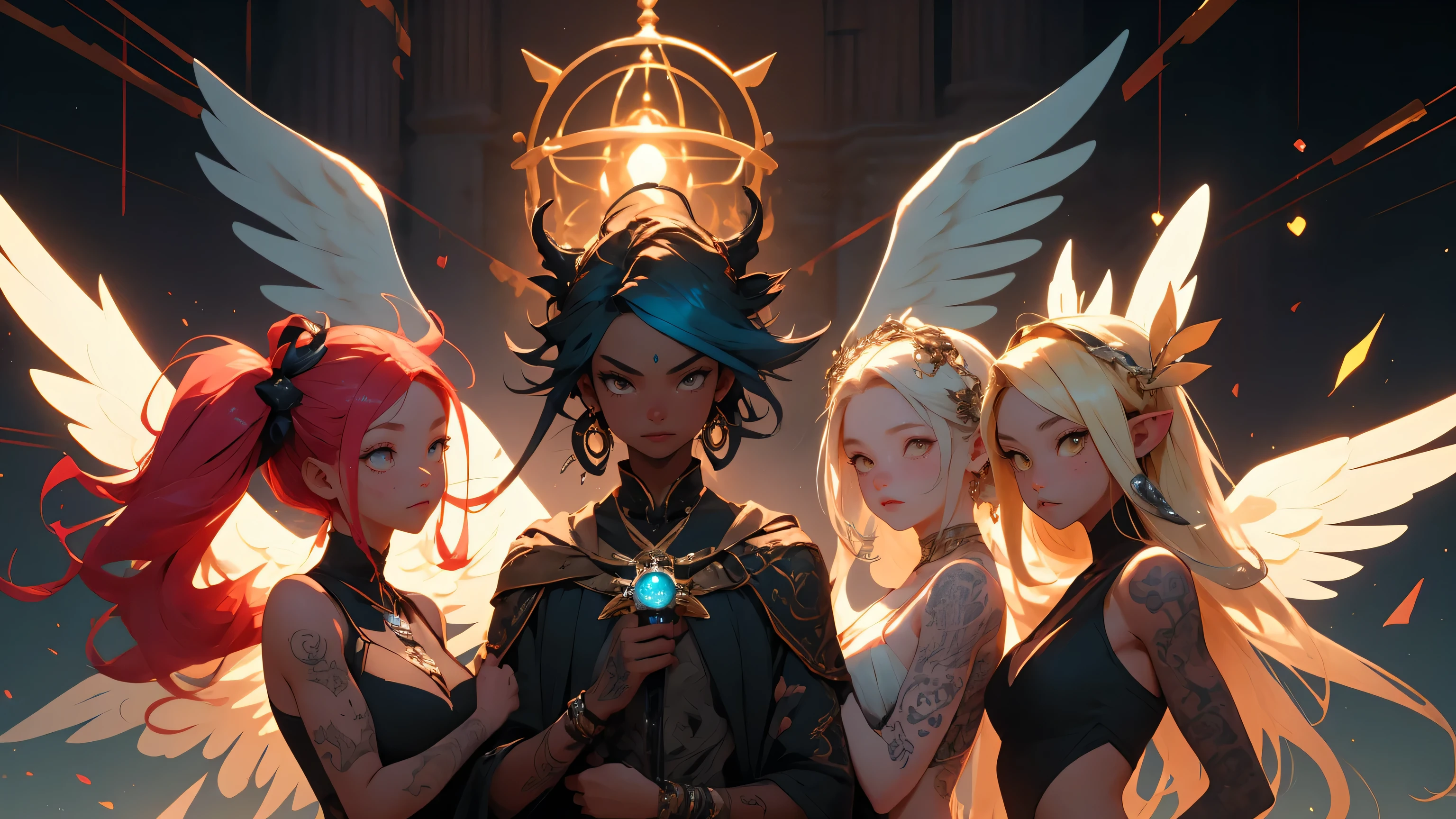 three beautiful elf girls, naked, nude, extreme abs, cute face, crazy hair, colored hair, yellow eyes, giant octopus tentacles, deep fashion, cyberspace, surreal, virtual reality, video game, crazy colors, ribbons, tattoes, many tattoos, extreme tattoos, full body tattoos, beautiful tattoos, weird perspective, dramatic light, dungeons and dragons, quest, adventurers, action, playfull, cute, profound, dramatic glowing nimbus circle, colorful angelic wings, group photo, semi closeup, temple, magical energies, witchcraft, permanent love energy, spreading legs, posing, long hair, high heels