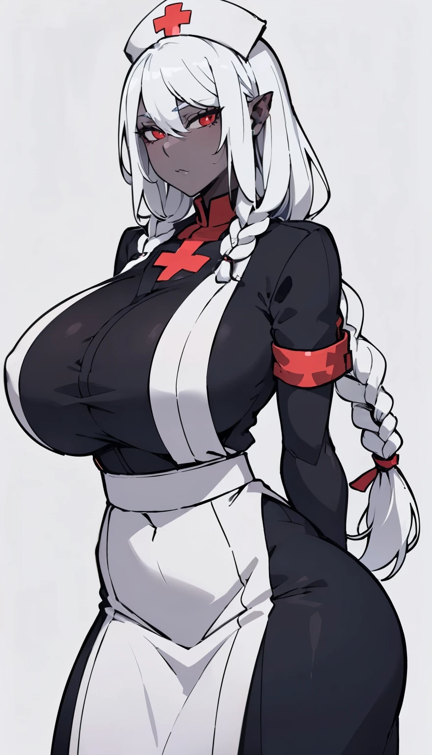 SFW, ((black skin Drow)) (nurse_clothes), (gigantic breasts, huge breasts, Big breast), firm breasts , tall girl, slim waist, curvy figure, arms behind back, white hair, red_eyes, braids