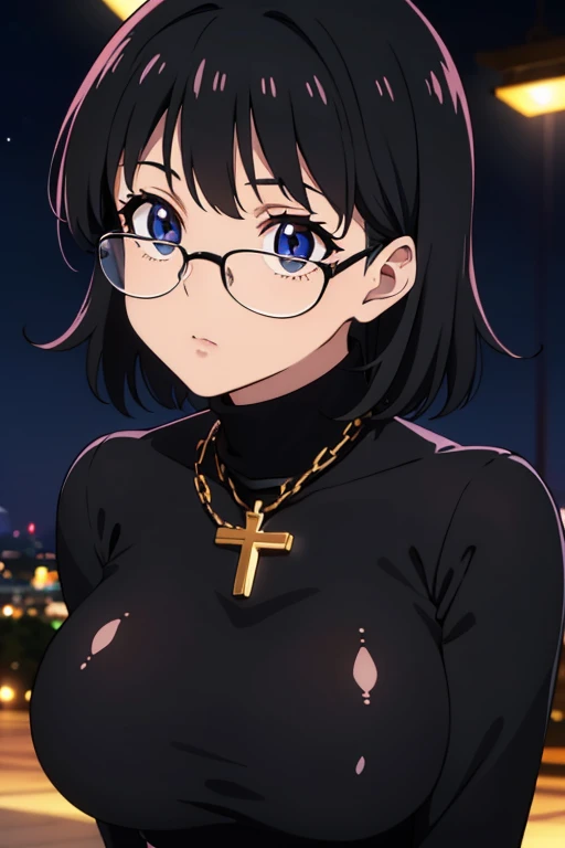 Shizuku Murasaki, 1girl, cute, black hair, short hair, glasses, expressionless, huge breast, ((tight black long sleeve turtleneck:1.5)), (upper body, looking at view, arms down), (masterpiece, high resolution, best quality, anime colored, anime screencap, 8k, photorealistic), denim, inverted cross chain necklace, (perfect detailed anatomy, beautiful detailed eyes&hair, beautiful detailed body&clothes), night outdoors