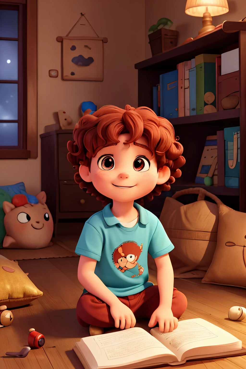 An animated, happy kid of around s old, with curly red hair and round eyes, sits comfortably on a soft bed with plush pillows. He holds a well-loved, worn-out storybook in his hands and a warm, gentle expression on his face as he immerses himself in the magical world of the bedtime story. The soft glow of the nearby lamp illuminates the scene, creating a cozy and soothing atmosphere. The intricately detailed illustrations in the book come to life as he reads, making the story even more enchanting for the young boy. This moment captures the pure joy and wonderment of childhood, making it a heartwarming and delightful