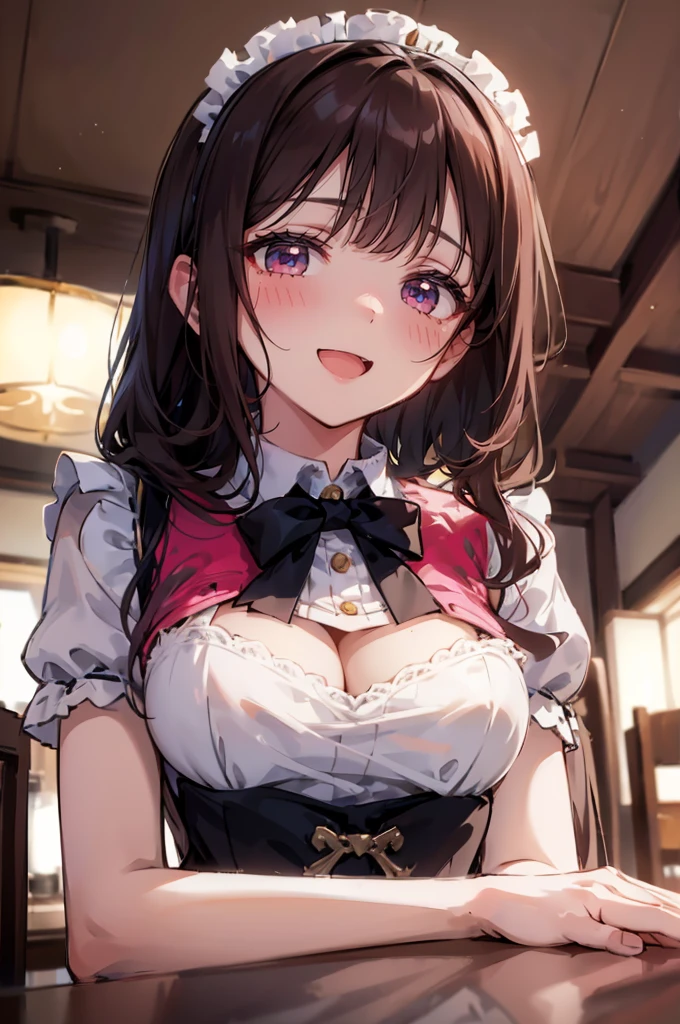 (simple background) (girl in front of a table: 1.2), (table closeup: 1.1), (giantess closeup breasts: 1.6), (height_difference:1.7), (size_difference:1.3), (maid uniform: 1.1), (maid cafe: 1.1),kotoha tanaka (million live),view from below, looking down, low angle perspective, (anime drawing:1.1), (simple bold lines: 1.1), (anime:1.1), (very cute anime girl), (bright), (low contrast), (prettiest age girl), (mature face: 1.1), cleavage