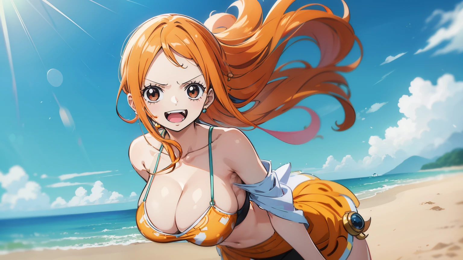 Gere uma imagem realista no estilo anime de Nami de One Piece. Capture your distinctive appearance with orange hair, uma camisa, and a joyful expression. Certifique-se de que a imagem reflete sua personalidade aventureira e confiante, como mostrado no anime.., corpo completo, Plano amplo ,  CORPO  CURVADO, Fundo da ilha, top, saia, olhos laranja, olhos laranja, axilas