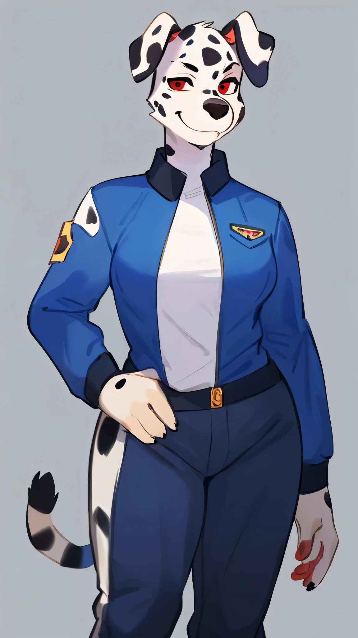 by bebebebebe, by lostgoose, by goonie-san, solo, female, (dalmation), snout, smirking, sassy, detailed eyes, standing, floppy ears, red eyes, pants, bald, navy blue flightsuit