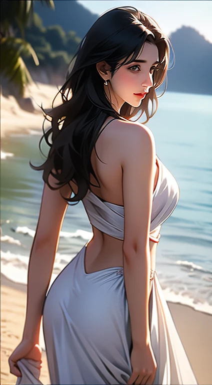 half body portrait of 18 year old top-less Russia adult model (Karishma Kapoor) topless/braless & undressed in beach for adult video, Photorealistic Production, One Person, Short Wavy Black Hair, Centered, Thigh-up Shot, From Front Shot, Cinematic Shot and Lighting, Sharp Focus, Ultra Detailed, Taken with DSLR camera, Depth of Field, Incredibly Realistic Environment and Scene, Master Composition and Cinematography