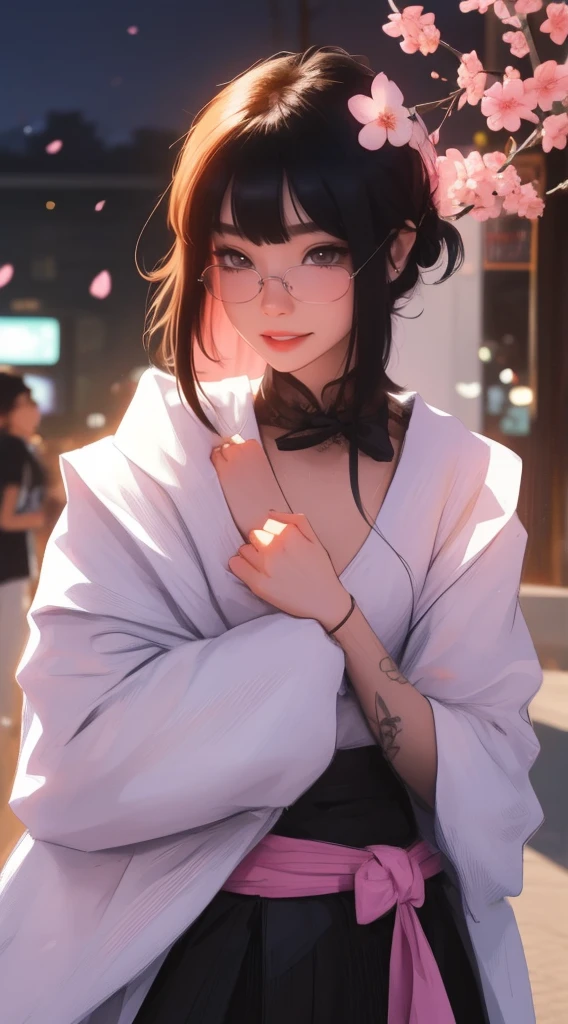 1 japanese girl, anime style, high resolution, soft light, 1 woman, solo, hips up, glowing skin, (detailed face), tattoo, jewelry, hanfu, cape, cherry blossom, night, straight white hair, long hair, short bangs. beautiful gothic girl, black eyes, eyes that invite the viewer, lover's perspective, Inviting expression, Sexy smile, Perfect style, Perfect balance, Detailed skin, Mischievous look, Visible chest, wearing round glasses