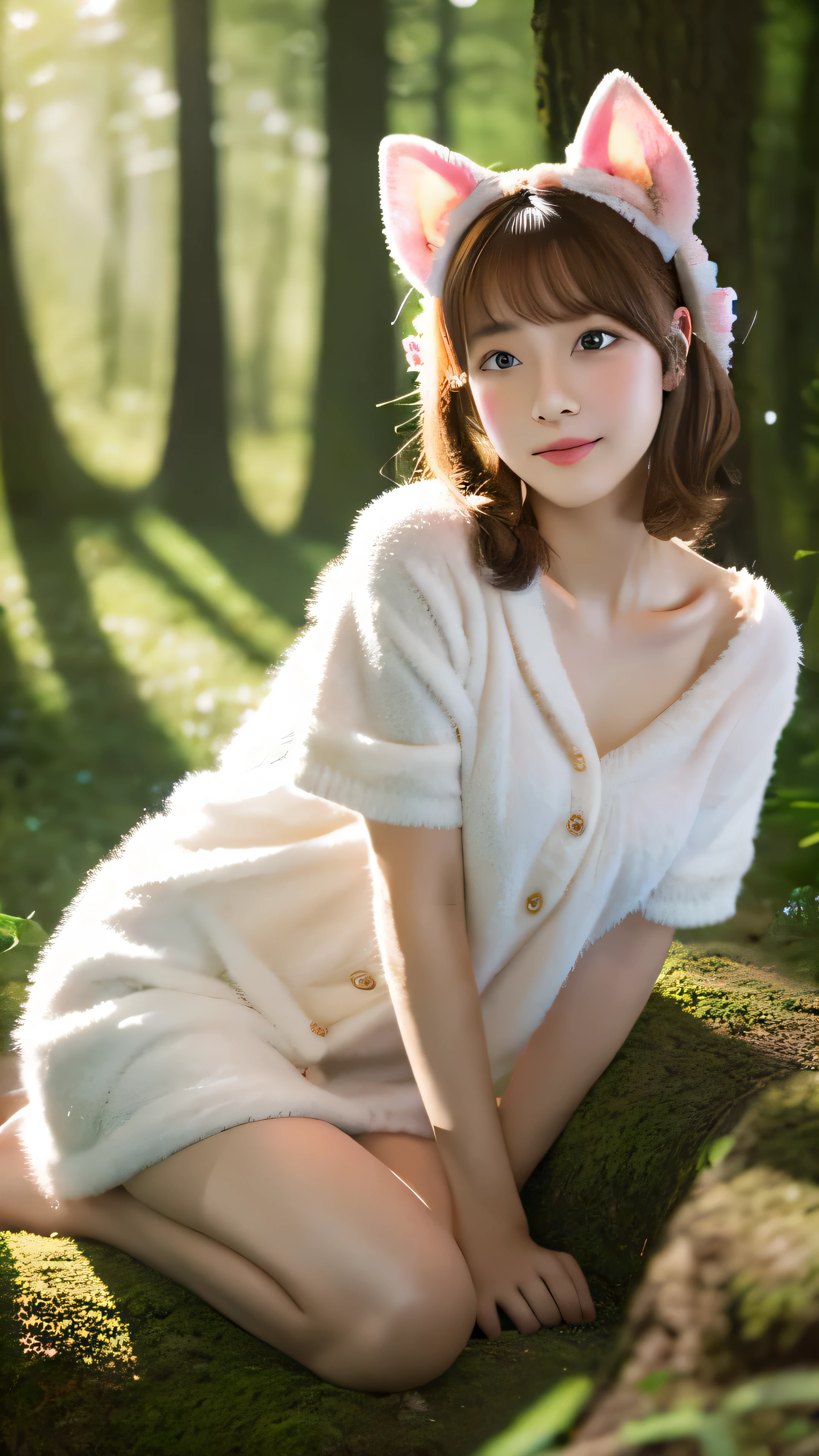 Professional high-quality photography, in 4k resolution, captured in realistic detail a charming girl in fluffy white pajamas with ears and a foxtail. She sits in the middle of an enchanted forest, where each element is depicted to perfection. Pajama textures, The ears and tail are sharp and palpable. Sunlight falls on the leaves and gently illuminates the girl's face, emphasizing every subtle and charming facial expression