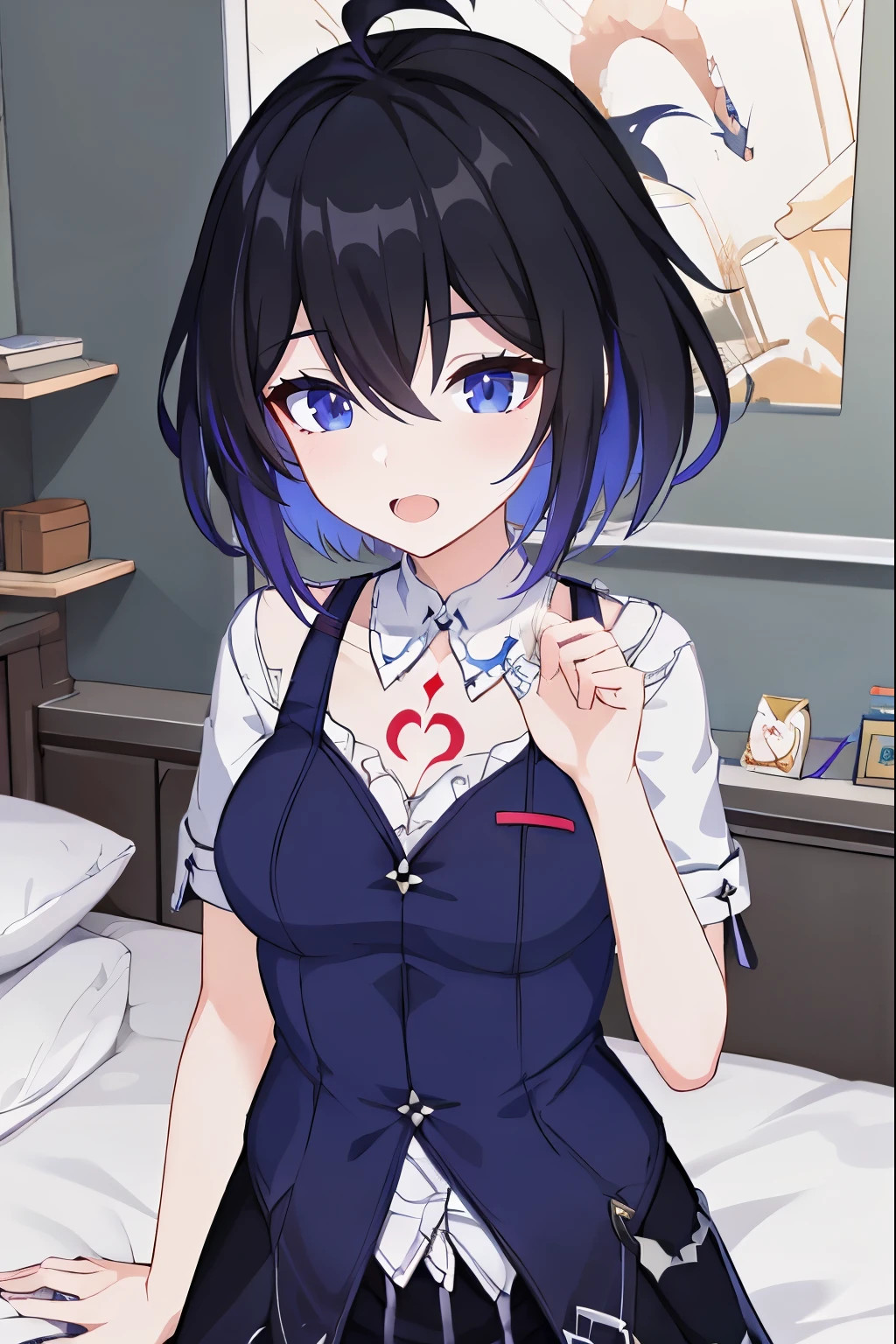 1 girl, best quality, ultra high res, ahoge, Seele Vollerei, medium breast, smile, small body, open mouth, azure clothes, short sleeves, bedroom, white bed sheets, pov, chest  tattoo, upper body, looking at viewers, looking you, blue eyes, perfect detailed, skirt, black skirt, 