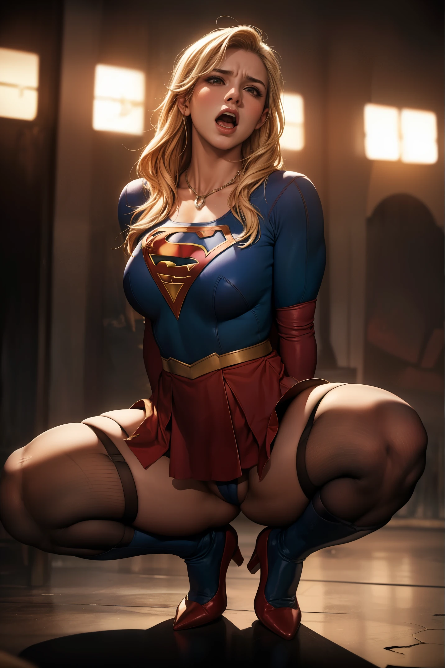 ((She's in a stone cell)), (((Uniforme detalhado da Supergirl))), (She's wearing stiletto heels) ((Your blouse is tattered, Your mesh is tattered, your uniform is tattered, seu traje esta esfarrapado, your clothes are tattered)), ((SUPERHEROINE SUPERGIRL HALF SQUATS)), ((vagabunda, prostituta, vadia)) She is sweaty all over her body. She is screaming in terror, She is terrified, She is crying a lot. ((ela tem cabelo preto, ela tem cabelo longo)), ((She is wearing a fishnet garter belt)), ((Wearing a thick metal necklace around your neck )) She screams and begs for mercy, Ela cai no choro. Wearing a thick metal necklace around your neck with a chain. Usando maquiagem pesada no rosto. (Your clothes are immoral, your clothes are indecent). Shibari, arms behind the back:1.4), (hands on back), (obra-prima, melhor qualidade) 1.5, 1 garota, sozinho, (sexy, mulher bonita, rosto perfeito, olhos perfeitos) corpo inteiro, (Shibari, arms behind the back:1.4), (hands on back), ((cabelos loiros)). ((High definition face)).