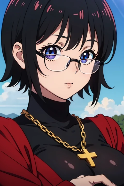 Shizuku Murasaki, 1girl, cute, black hair, short hair, glasses, expressionless, huge breast, ((tight black turtleneck long sleeve)), (upper body, looking at view, from below), (masterpiece, high resolution, best quality, anime colored, anime screencap, 8k, photorealistic), denim, inverted cross chain necklace, (perfect detailed anatomy, beautiful detailed eyes&hair, beautiful face&skin, shiny clothes), sunshine outdoors
