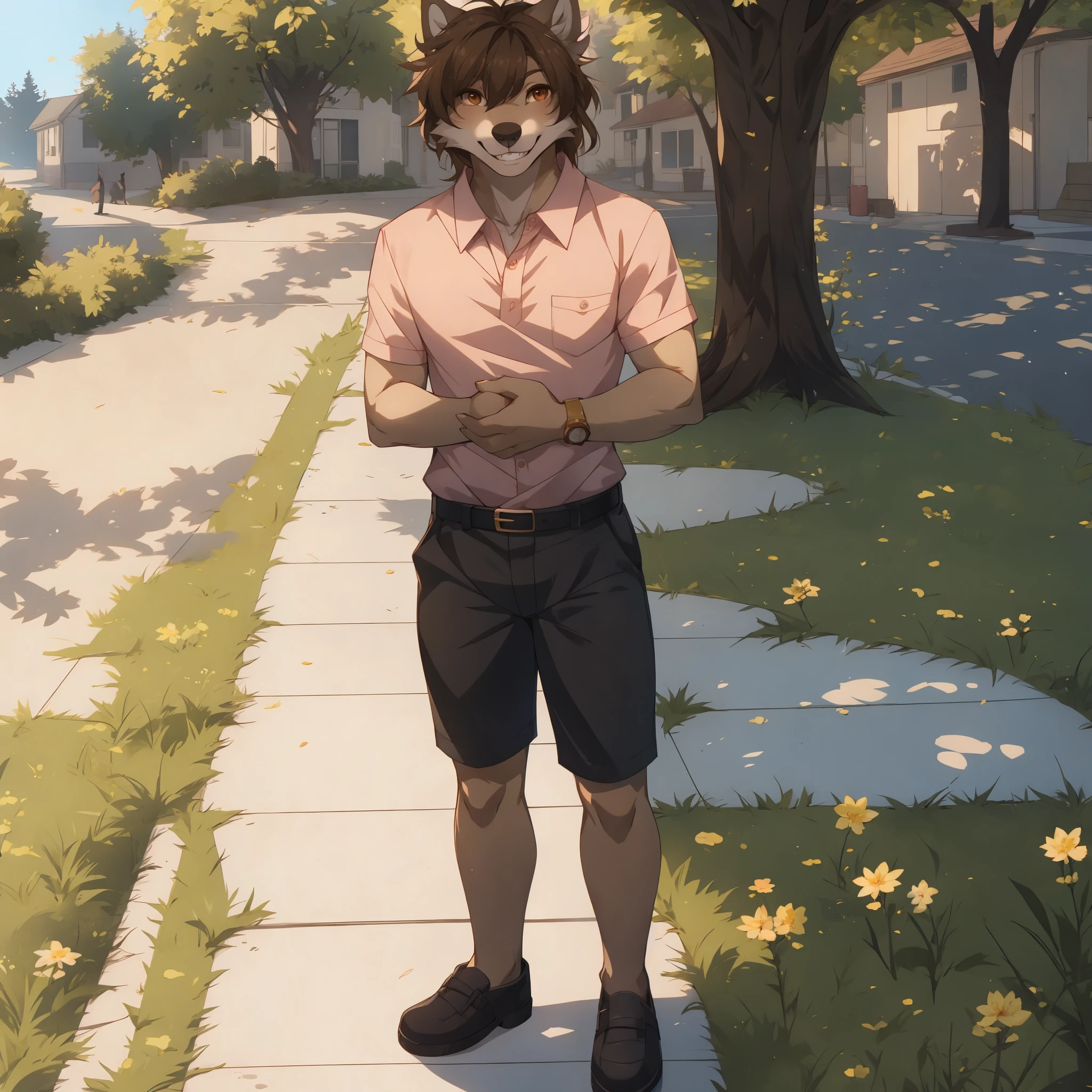 Jaiden, by fumiko, by hyattlen, by hioshiru, feminine, brown eyes, brown hair, brown male wolf, cute snout, black nose, pink polo shirt, pink shorts, all pink clothes, black belt, brown loafers, hands together, gold watch, smiling, showing teeth, standing on a paved walkway, walkway on grass, in a suburban neighborhood