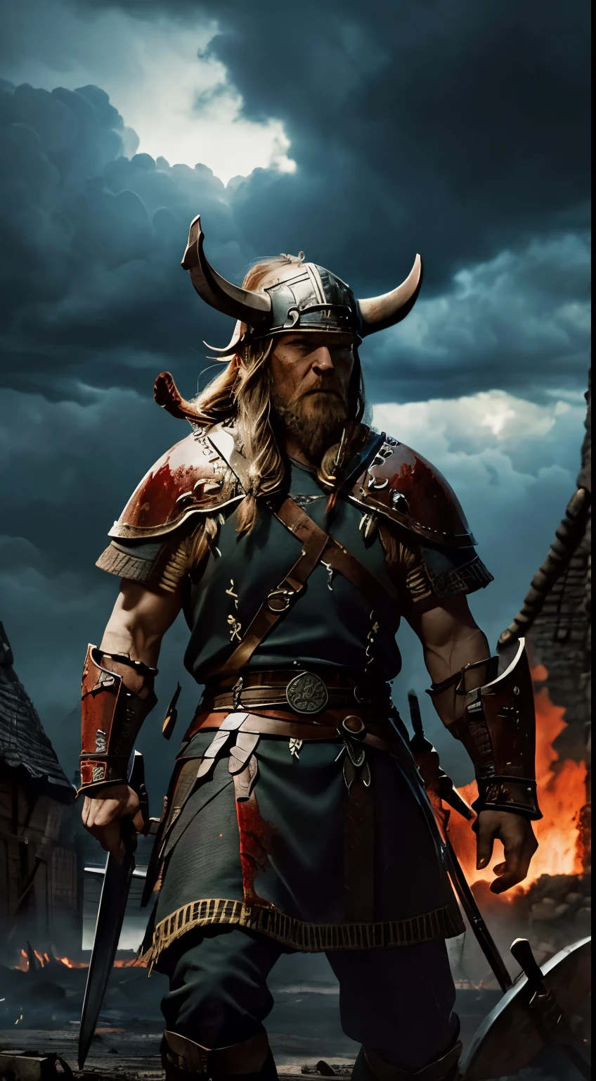 (bloodthirsty Viking warriors, attacking villages: 1.5), violent battle scenes, Viking warriors 1.1, terrified villagers fleeing: 1.2, blazing fires and billowing smoke: 1.1, medieval war paint and battle scars , Viking ships with Viking hats, rugged, weathered longships: 1.1, heavy armor and fearsome weapons, menacing storm clouds hovering overhead: 1.2, dark, desolate landscapes, expressive brushstrokes and powerful compositions: 1.1, dramatic lighting and high contrast, earth tones with touches of fiery red and deep blue tones: 1.1