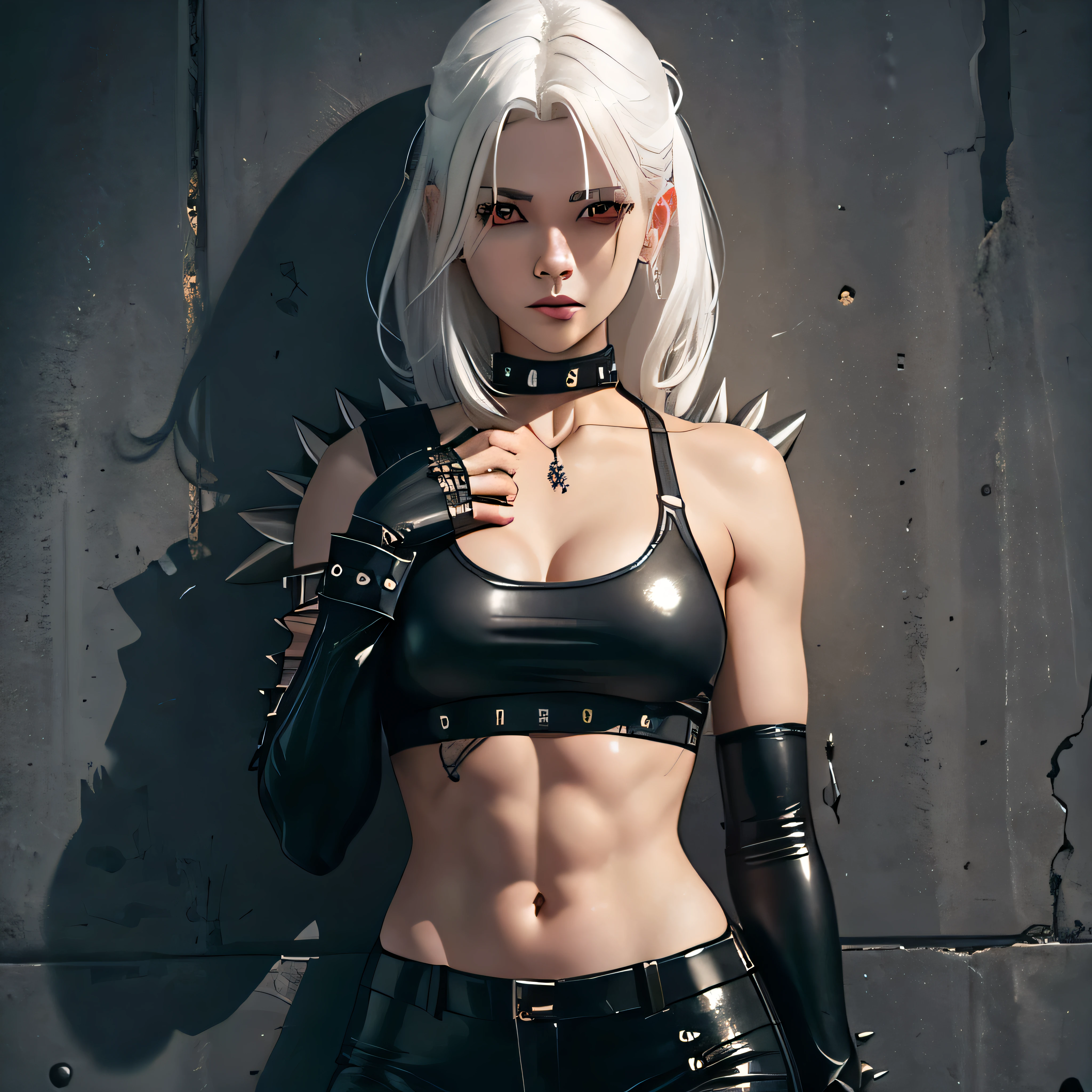 beautiful girl, military, white hair, bloody eyes, choker, cropped top, muscular abdomen, navel, black leather pants, spiked long gloves, wall,