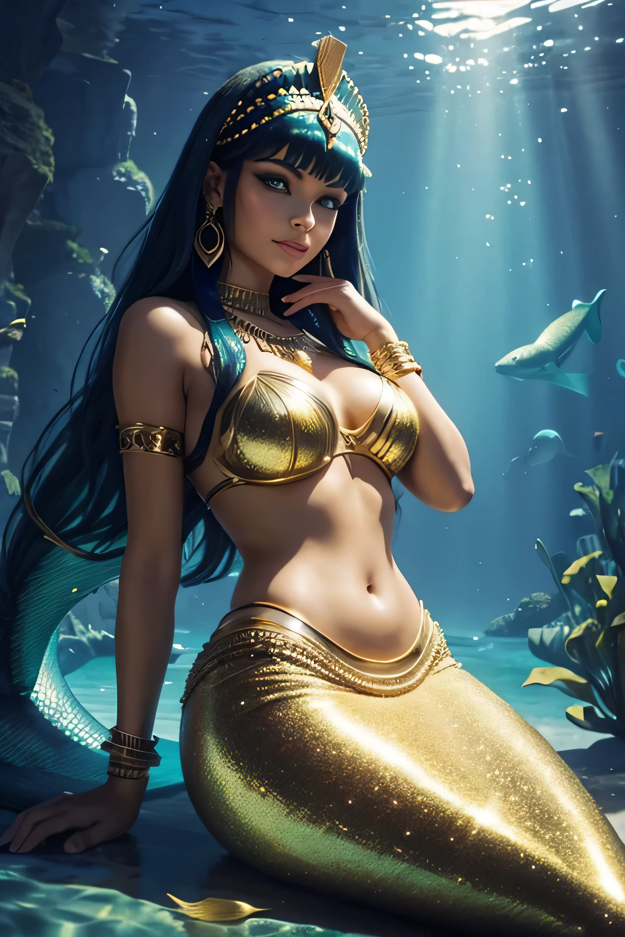 There is a Cleopatra woman with a mermaid tail sitting with beauty and shine