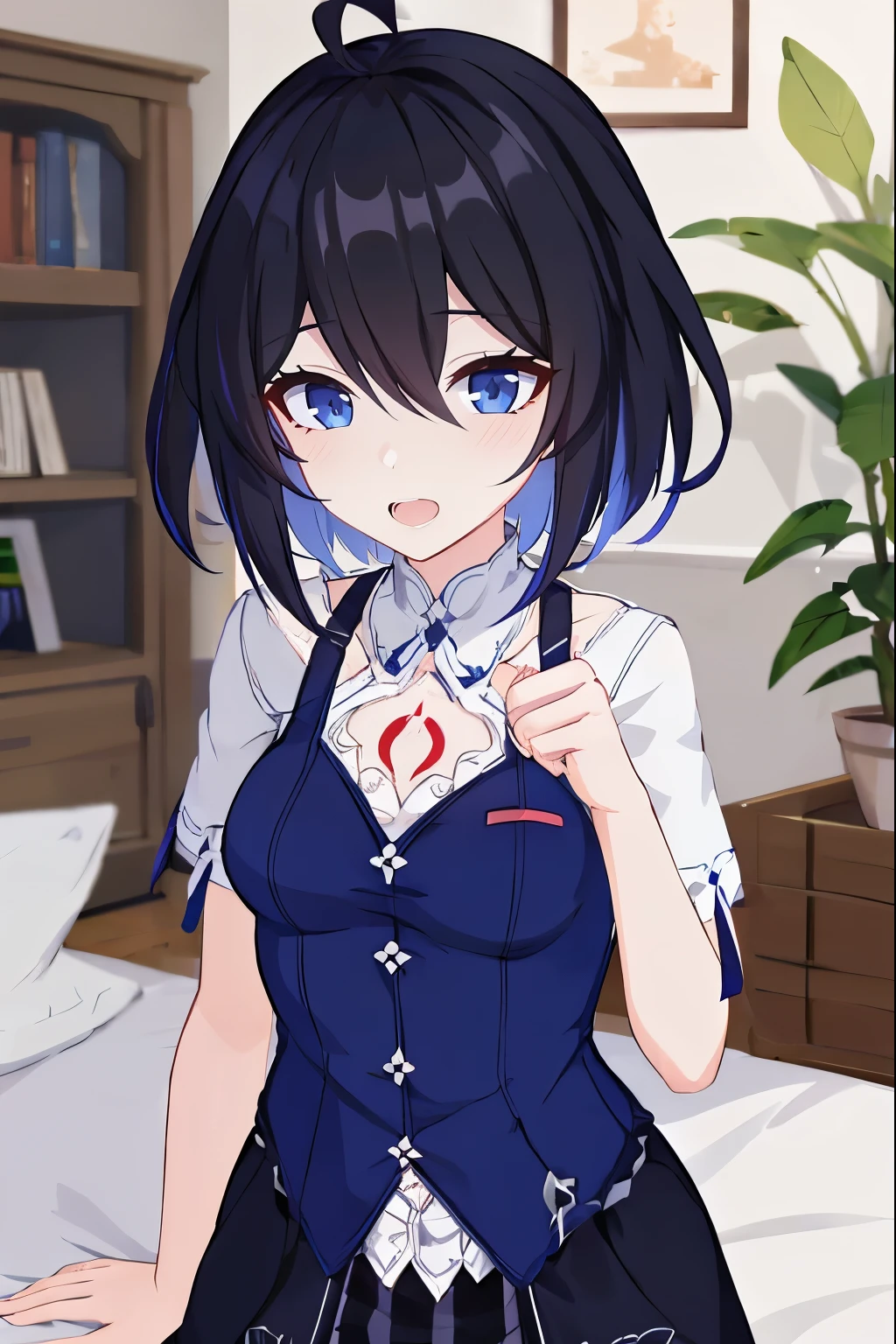 1 girl, best quality, ultra high res, ahoge, Seele Vollerei, medium breast, smile, small body, open mouth, azure clothes, short sleeves, bedroom, white bed sheets, pov, chest  tattoo, upper body, looking at viewers, looking you, blue eyes, perfect detailed, skirt, black skirt, 