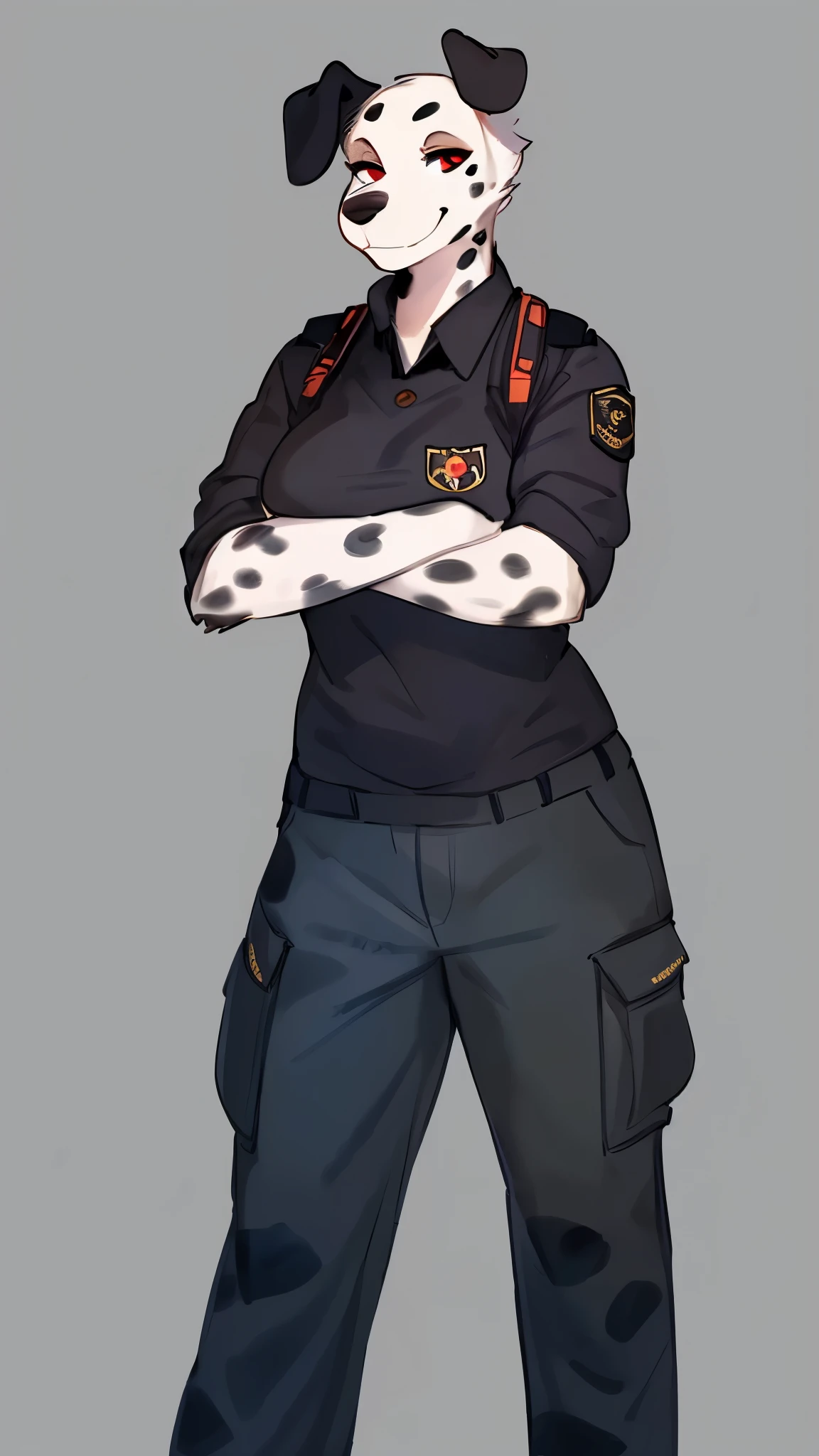 by bebebebebe, by lostgoose, by goonie-san, solo, female, (dalmation), snout, smirking, sassy, detailed eyes, standing, floppy ears, red eyes, pants, bald, navy jacket, black undershirt, tight cargo pants