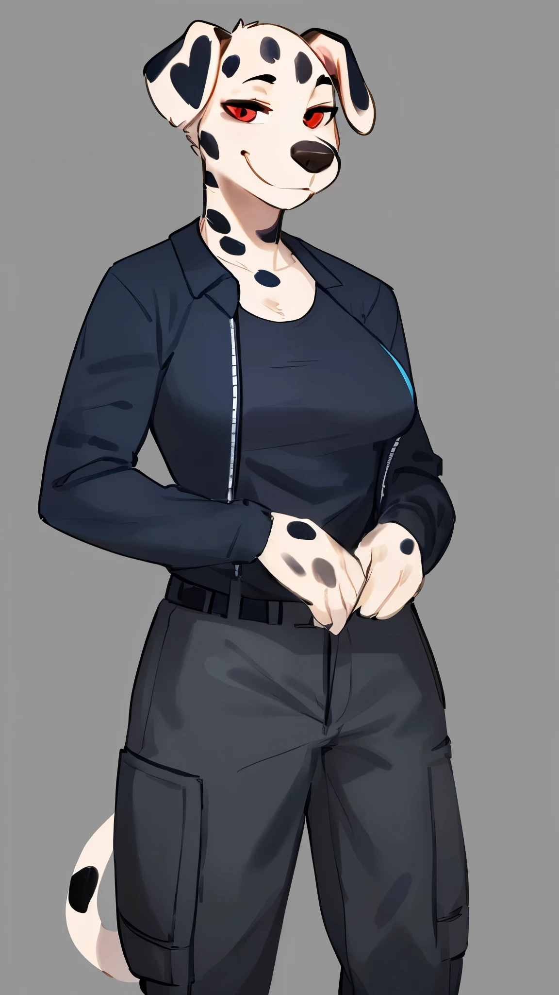 by bebebebebe, by lostgoose, by goonie-san, solo, female, (dalmation), snout, smirking, sassy, detailed eyes, standing, floppy ears, red eyes, pants, bald, navy jacket, black undershirt, tight cargo pants