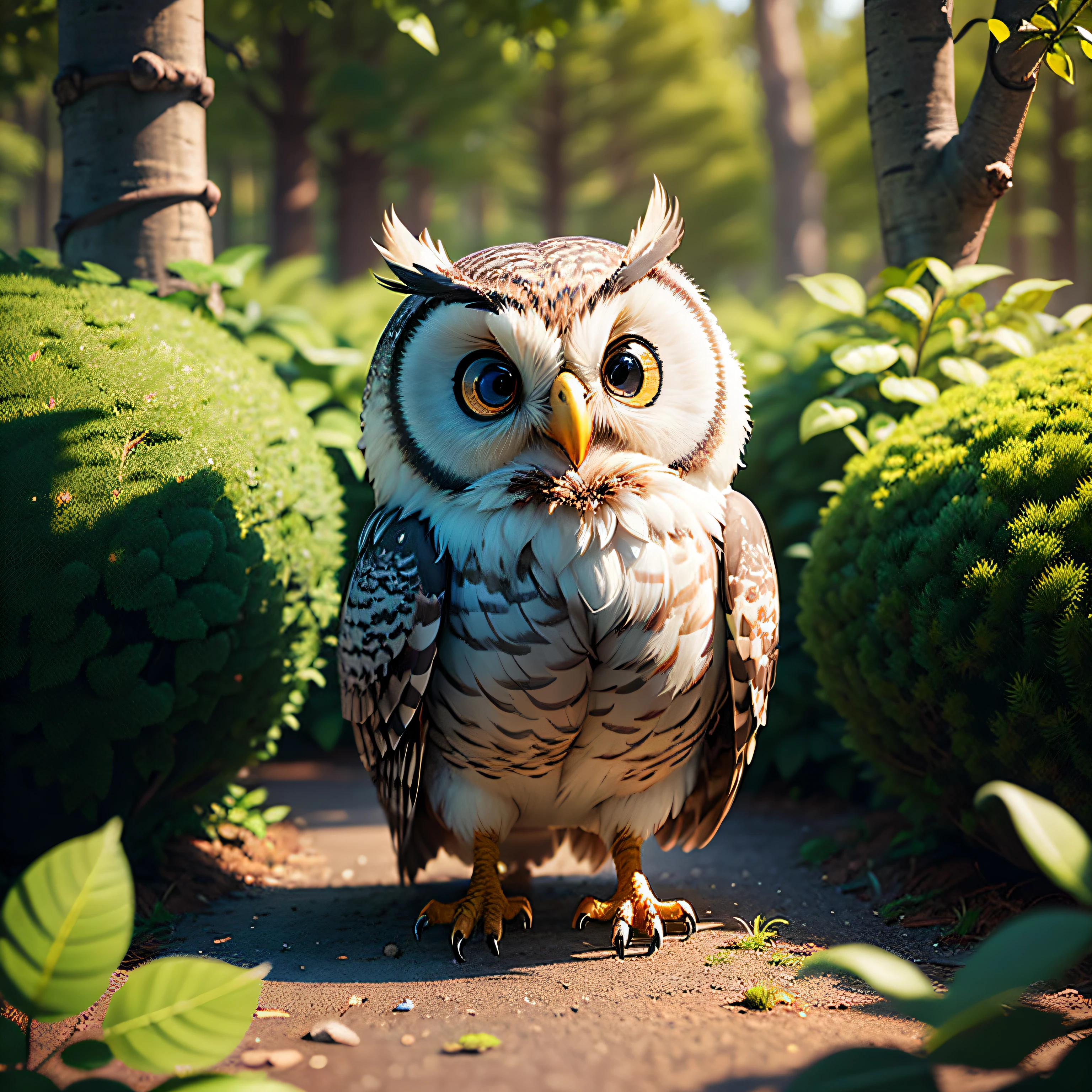 (melhor qualidade,8k,obra de arte,Estilo 3D fofo),(Coruja fofa saindo de um arbusto),(Floresta encantada,arbusto),(sunny morning,cheio de luz, arbusto), ultra realistic 3d illustration, natural realistic render,hyper real rendering, imagem ultra realista,CGI fotorrealista --auto