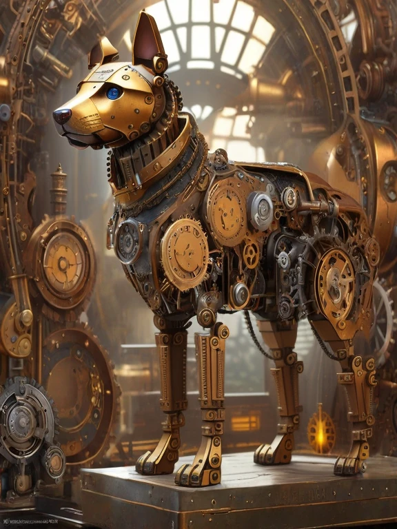 there is a sculpture of a dog made out of gears, steampunk dog, steampunk art, digital steampunk art, golden steampunk, steampunk digital art, high quality steampunk art, steampunk concept art, steampunk tech, steampunk aesthetic, industrial mechanical robot dogs, cyber steampunk 8 k 3 d, steampunk ferret - shaped mech, detailed steampunk illustration, cyborg dog, steampunk design