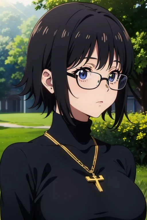 Shizuku Murasaki, 1girl, cute, black hair, short hair, glasses, expressionless, huge breast, ((tight black long sleeve turtleneck:1.5)), (upper body, looking at view, down arms), (masterpiece, high resolution, best quality, anime colored, anime screencap, 8k, photorealistic), denim, inverted cross chain necklace, (perfect detailed anatomy, beautiful detailed eyes&hair, beautiful face&skin, beautiful detailed body&clothes), sunshine outdoors