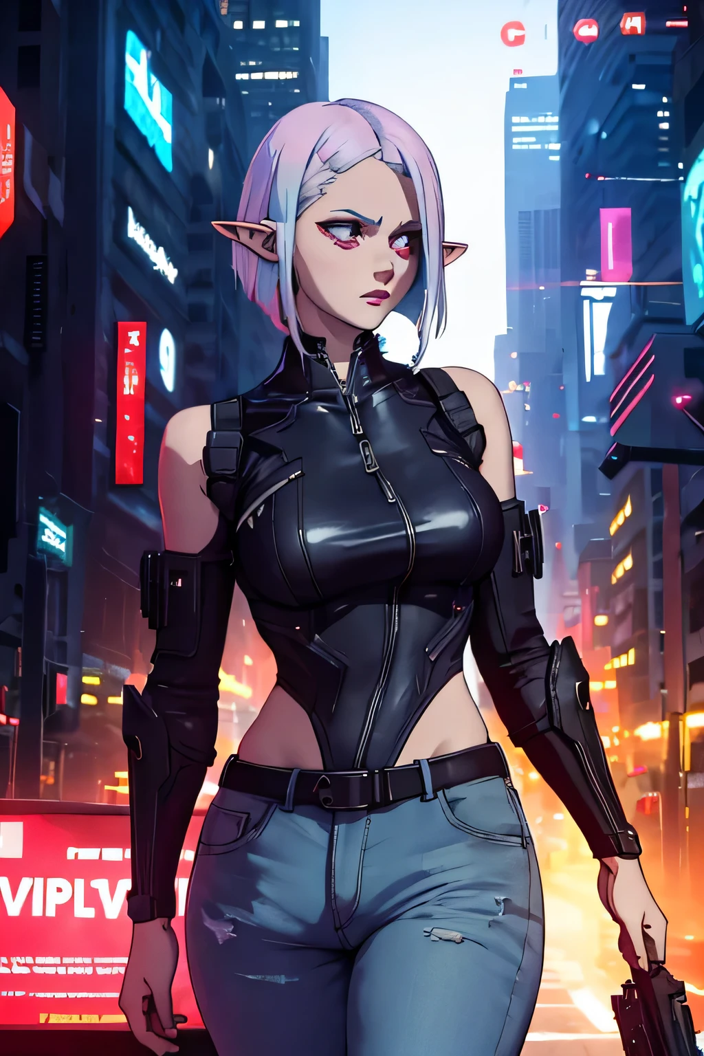 elf, black lipstick, Black short hair, sexual, fat ass, Cloth, One, cyberpunk, cyberpunk style, cyberpunk city, night city, Weapon,Catania, jeans, modern Cloth, mercenary girl, A gun, cyberpunk armor, augmentations, cyberpunk augmentations, Heavy armor, cyberpunk armor, Metal hands, four extra hands