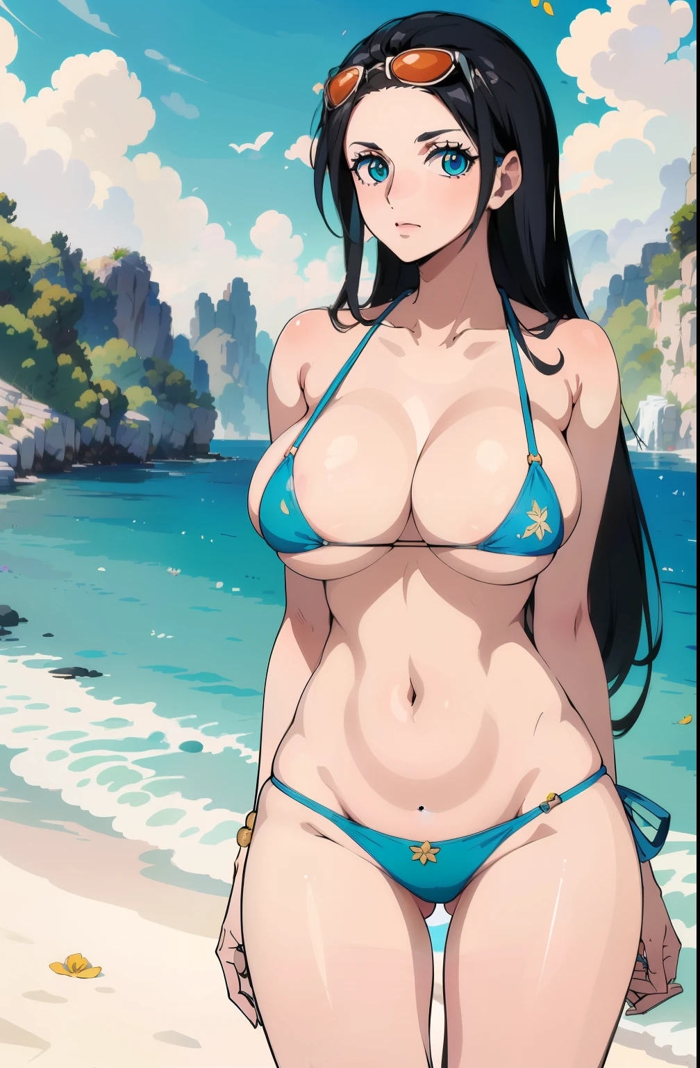 ((Nico robin)), (Obra maestra:1.2, La mejor calidad), (Hermosos ojos finamente detallados: 1.2), ((1girl)), ((solamente)), (ojos finamente detallados y cara detallada:1.3), (Fondo hermoso y claro:1.2), (CG extremadamente detallado, Ultra detallado, Mejor sombra:1.1), ((Profundidad de campo)), senos grandes, hombros desnudos, flowers and petals, beautiful concept illustration, (fondo blanco:0.5), (illustration:1.1), (extremadamente fino y hermoso:1.1), (Detalles perfectos:1.1), micro bikini, (((big breasts))), thick legs, sunglasses on head