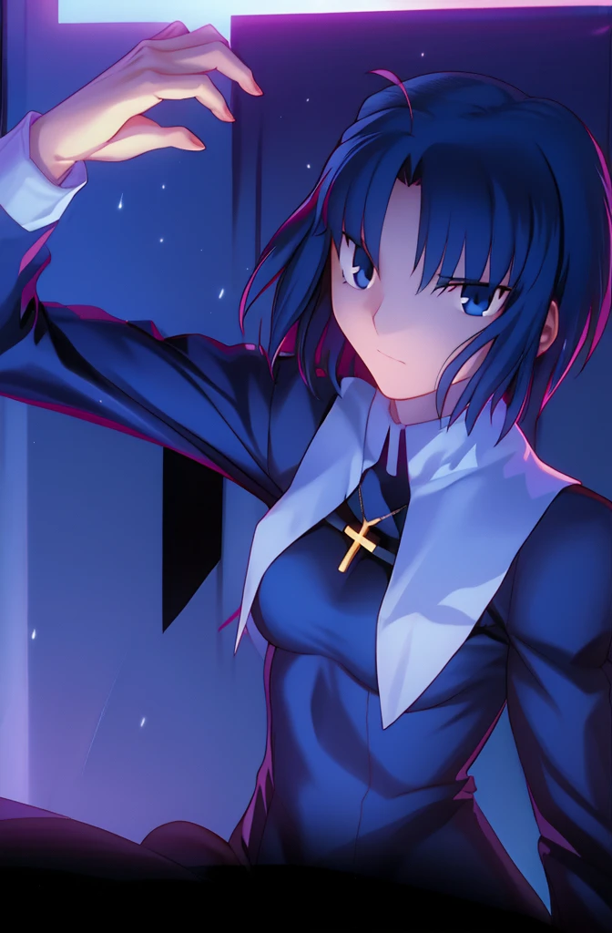 (best quality, 4k, 8k, highres,m asterpiece:1.2), (ultra-detailed:1.6), slender figure, (soft, delicate features:1.1), (vivid colors), ciel_(tsukihime), cowboy shot, 1girl, solo, (long sleeves black dress;1.4), chain, habit open, sad, looking at viewer, antenna hair, (ahoge:1), closed mouth, fingernails, breasts, medium breasts, cross, latin cross, cross, holding, necklace, nun, symmetrical, serious, (Shadowed:1.5)

