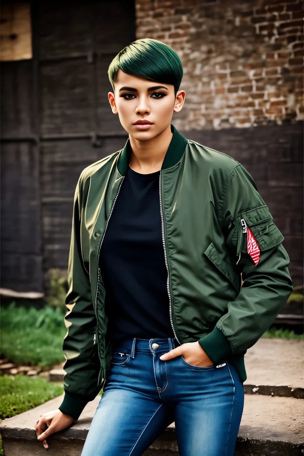 a stunning british skinhead girl, beautiful face, green bomber jacket, blue jeans, short hair, makeup 